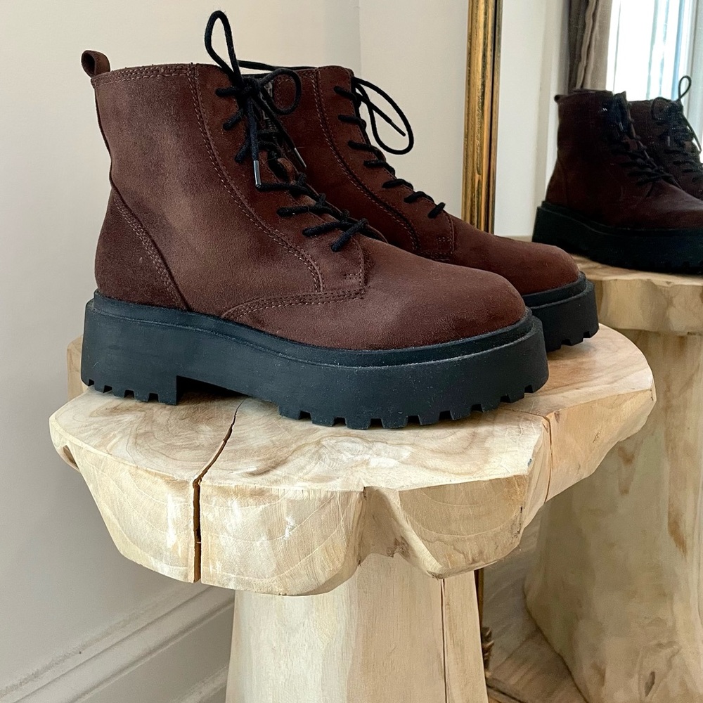Zara Faux Suede Platform Lug Sole Lace Up Boots in Chocolate Brown - 8